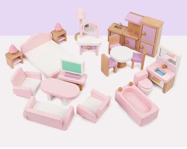 Großhandel B2B Kinderspielhaus Puppenhaus Möbelset Mini Rosa Spielset aus Holz